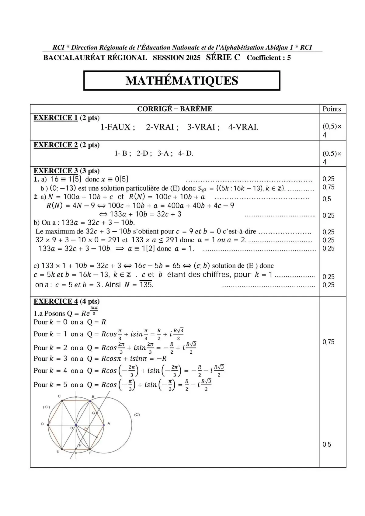 Page 4 — Corrigé du Bac Régional mathématiques de la CI