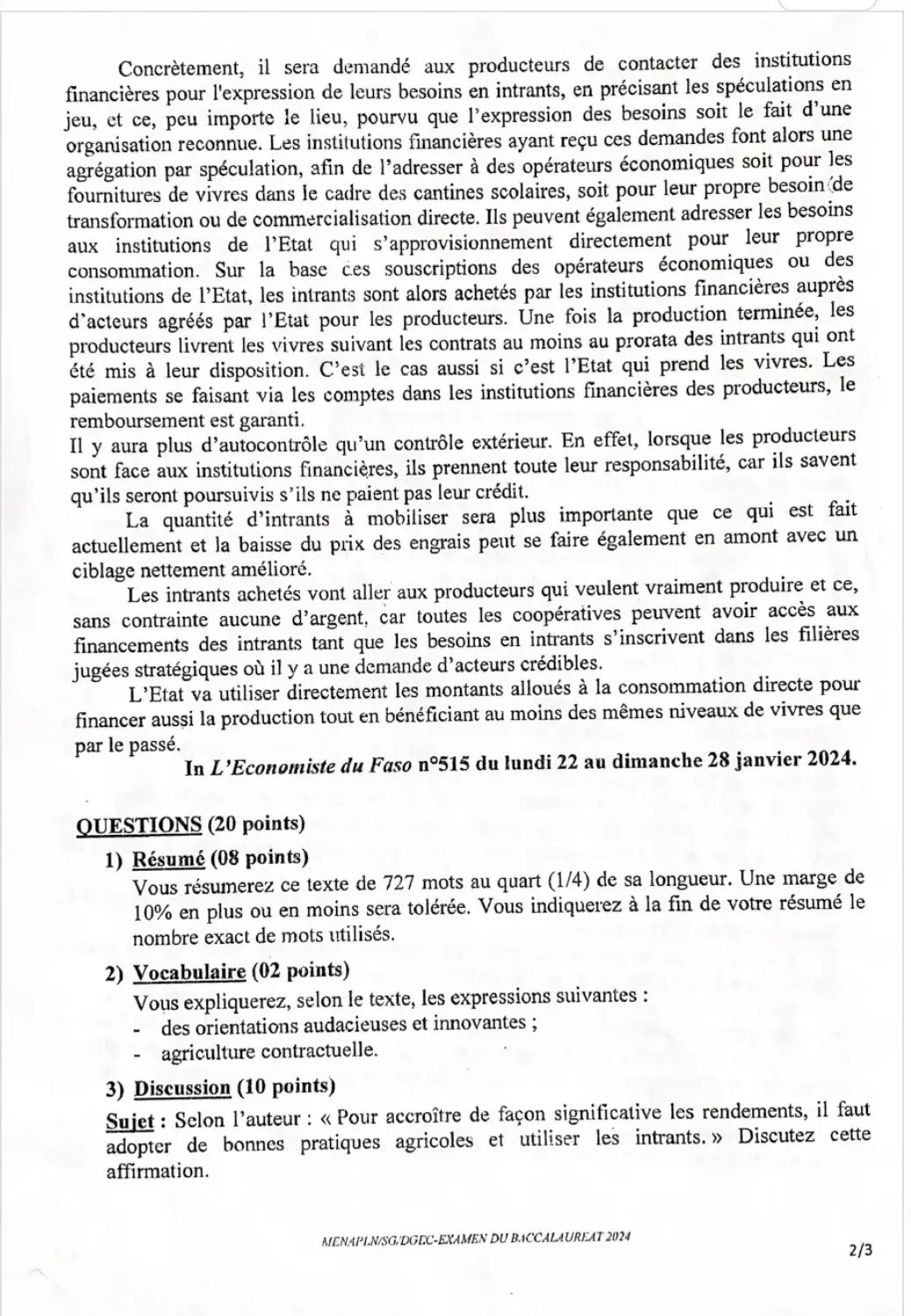 Page 2 — Épreuve du bac Français 2024 1er tour