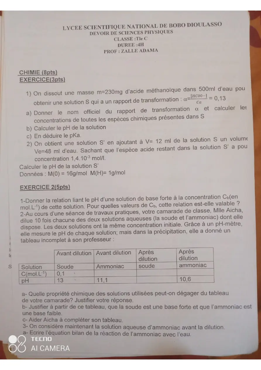 Page 3 — Physique chimie Lycée Scientifique Nation de Bobo